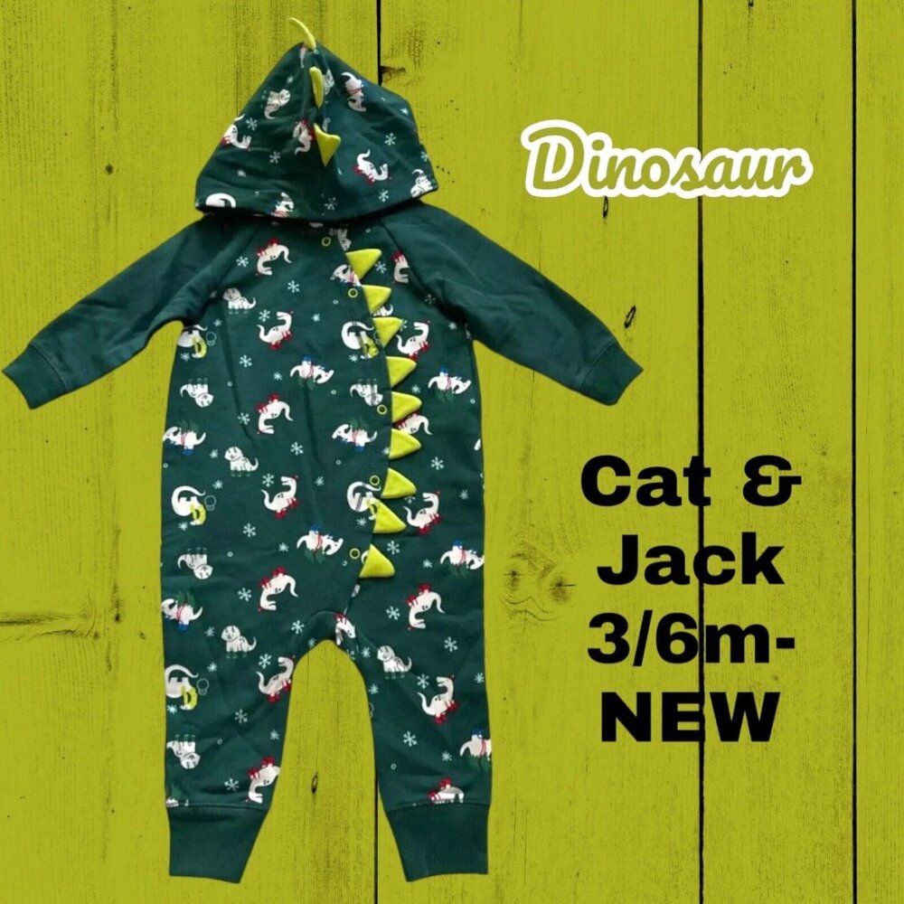 NEW-Cat & Jack 3/6 Month Baby Holiday/Christmas Dinosaur Hooded Outfit 1PC